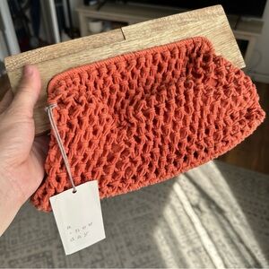 NWT A New day Tangerine Orange Wood Woven Crochet Clutch Handbag